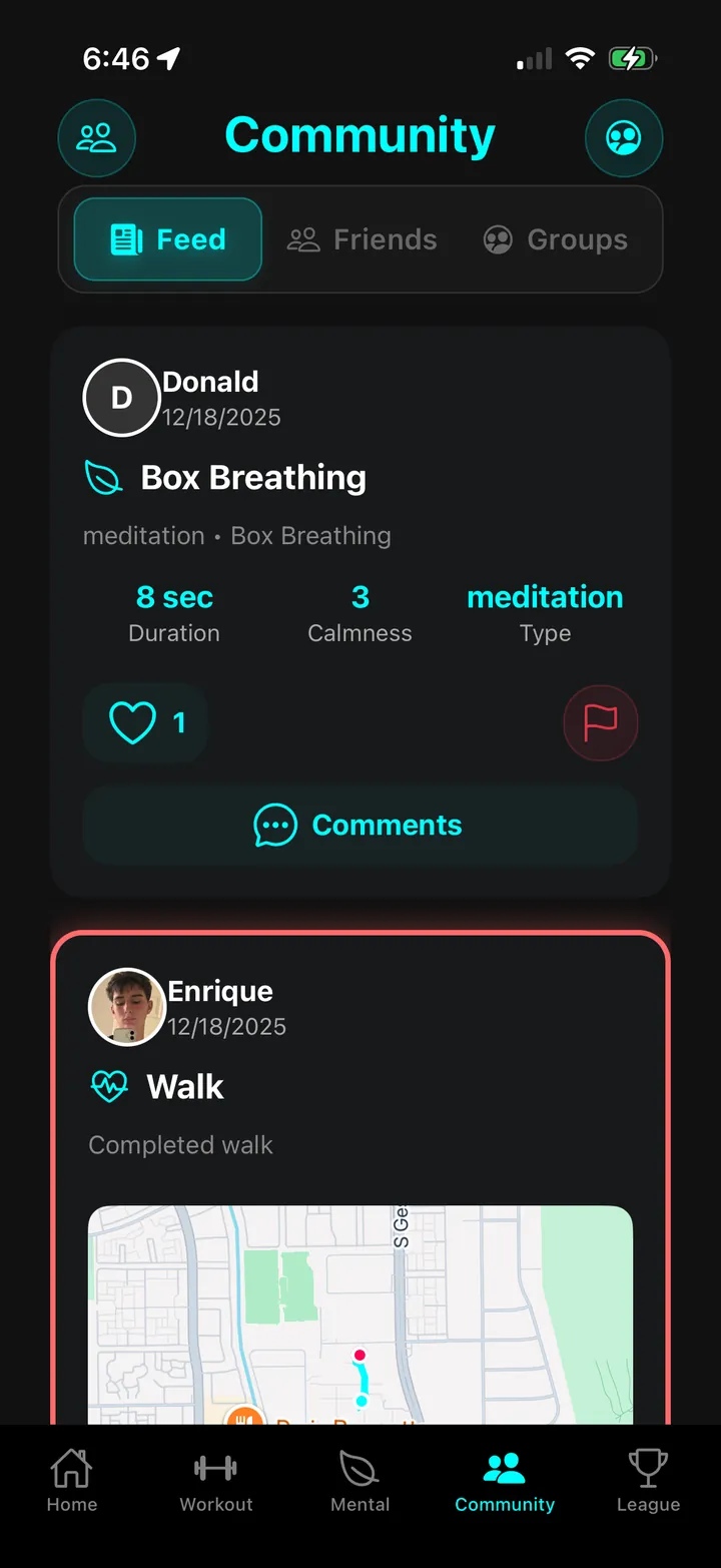 BetterU community feed with friends' workouts and meditation