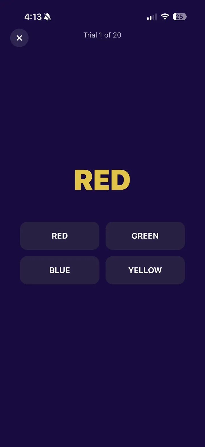 CogTrack Stroop test showing the word RED