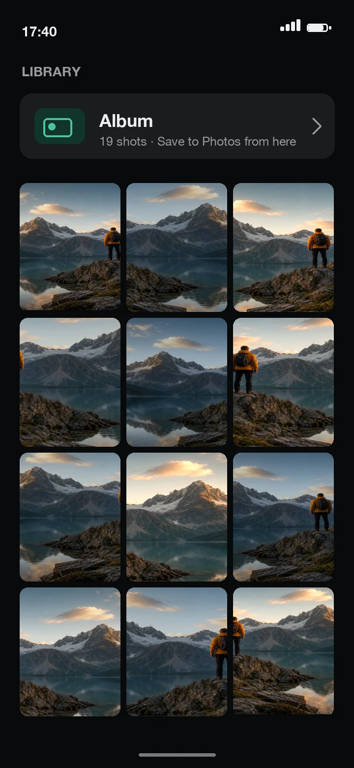 FrameGuide album of shots waiting to be saved to Photos