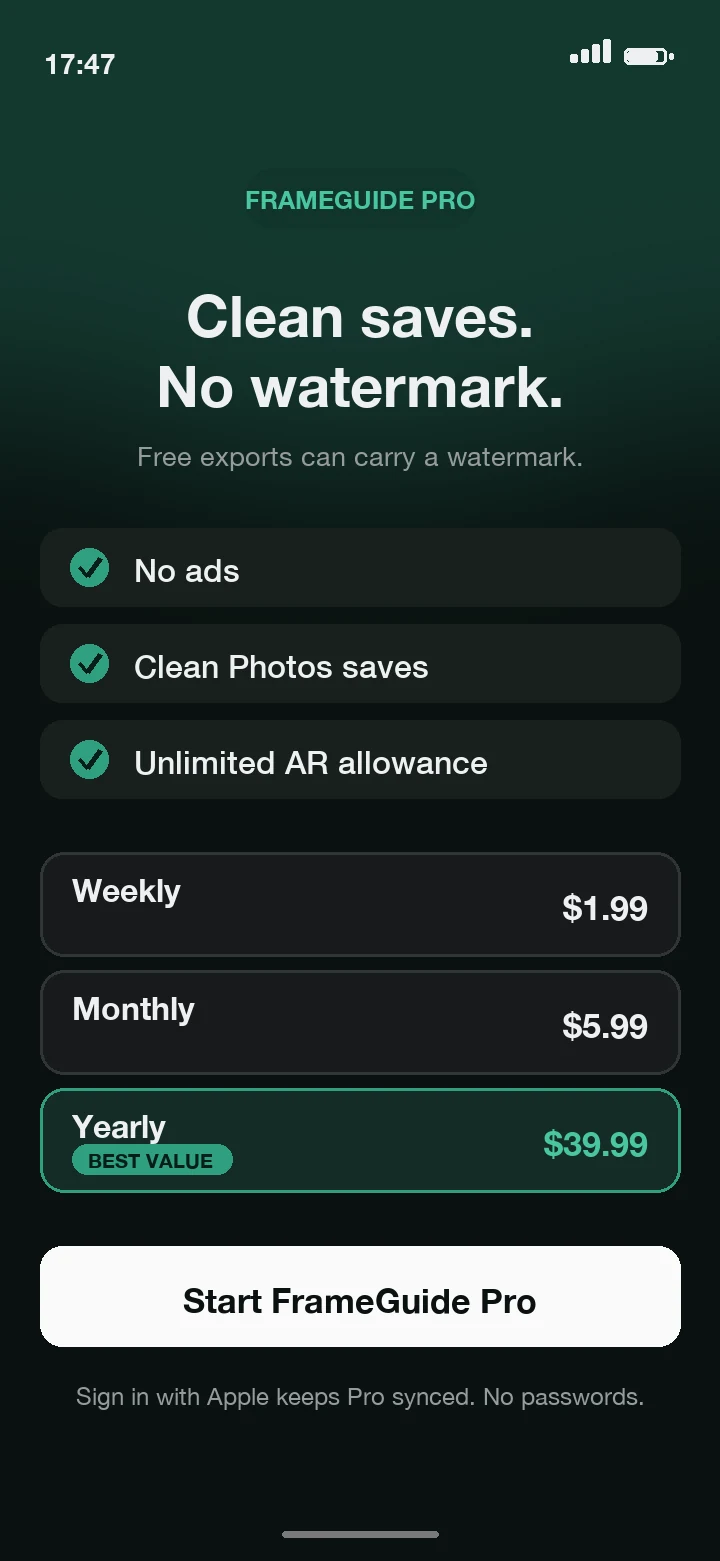 FrameGuide Pro: no ads, clean saves, unlimited AR