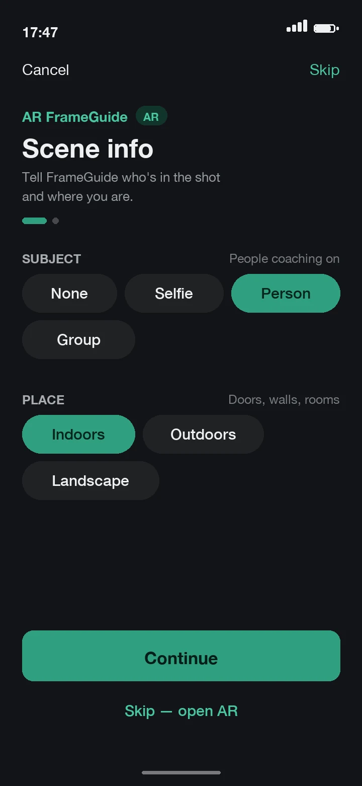 FrameGuide scene info sheet: subject and place