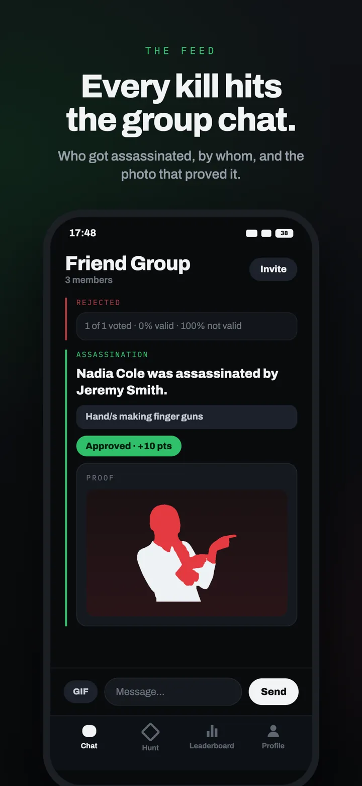 Snapshot group chat feed showing an approved hit